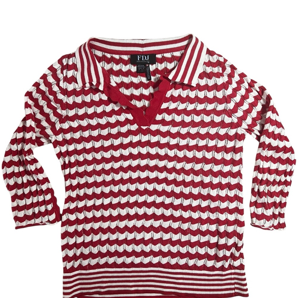 FDJ French dressing jeans 3/4 Sleeve Polo Sweater, Red Stripe size small - Picture 4 of 6